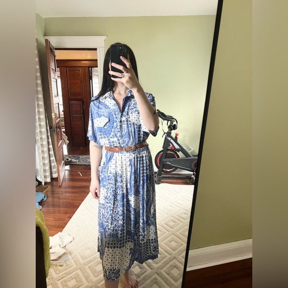 Vintage blue and white patchwork checkered quilted dress silky bandana print